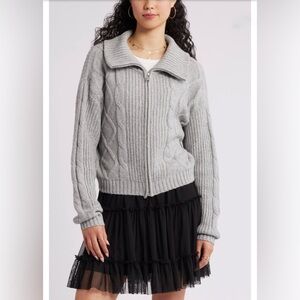 BP Chunky Cable Knit Zip Cardigan Sweater Gray Mock Neck Women’s Small